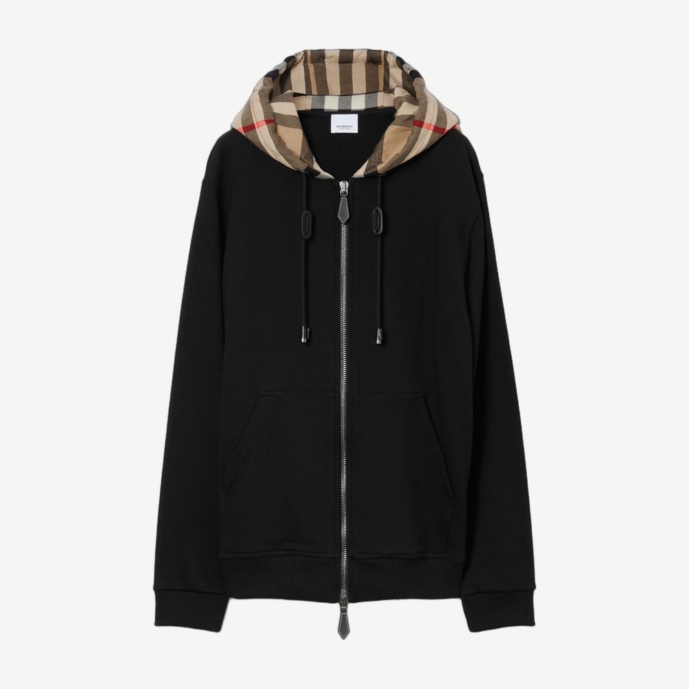Check Cotton Zip Hoodie Black