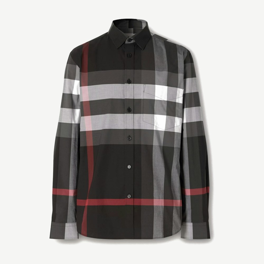 Check Stretch Cotton Poplin Shirt Charcoal