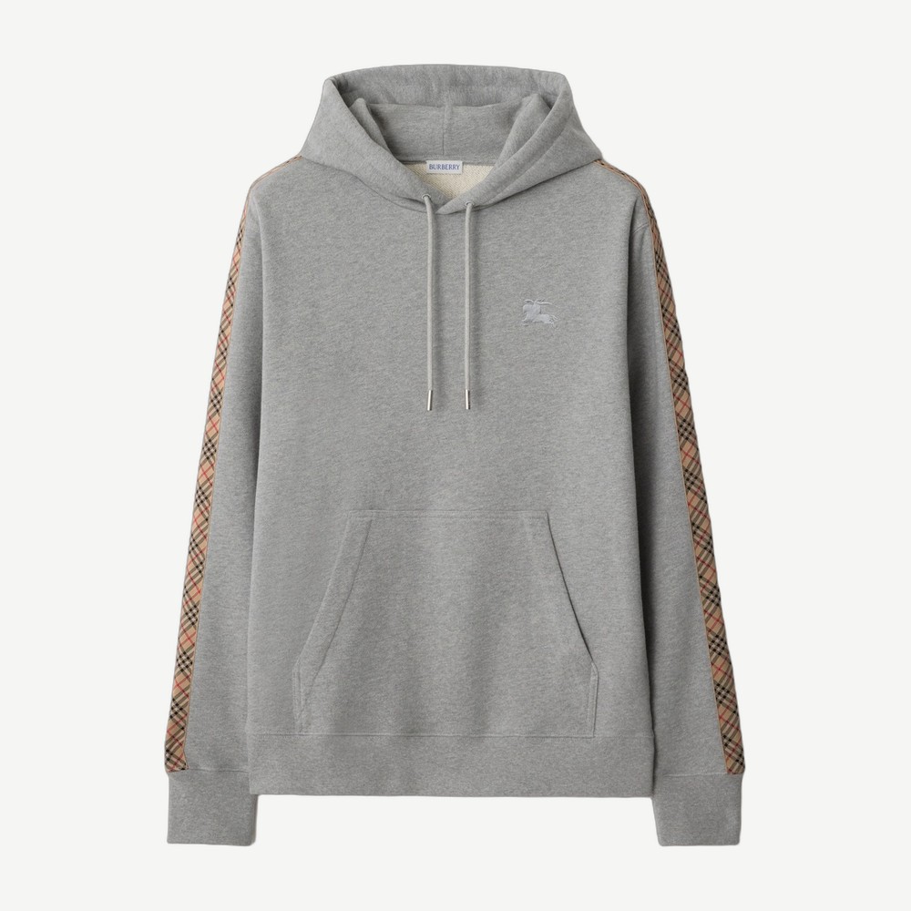 Check Trim Cotton Hoodie Grey