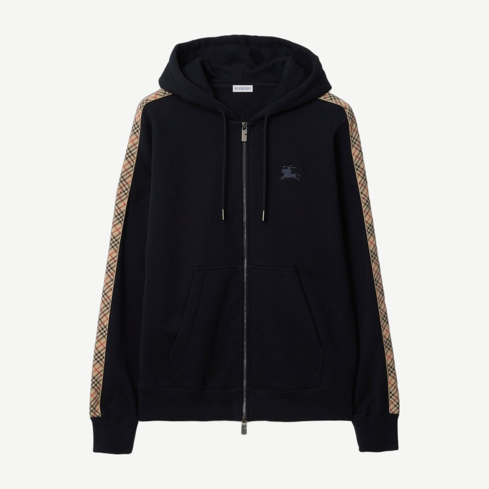 Check Trim Cotton Zip Hoodie Navy