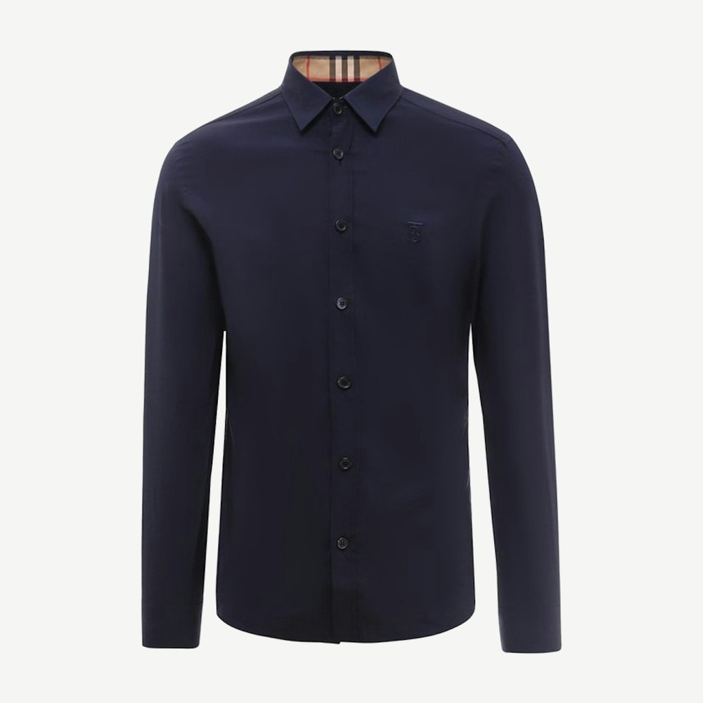 Slim Fit Monogram Motif Stretch Cotton Poplin Shirt Navy
