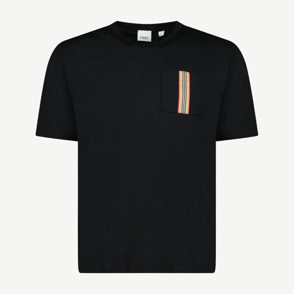 Stripe Trim Pocket Cotton T Shirt Black V 2