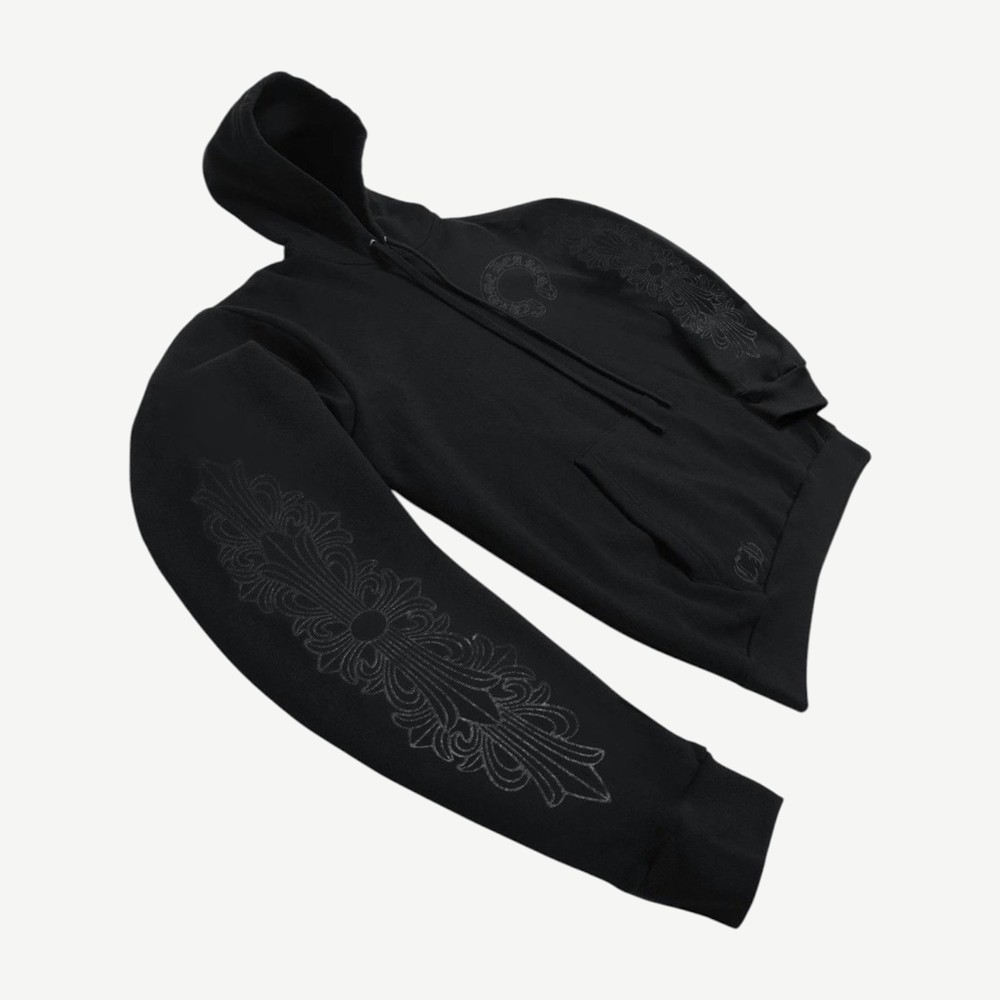 Black Pullover Horseshoe Floral Hoodie Black