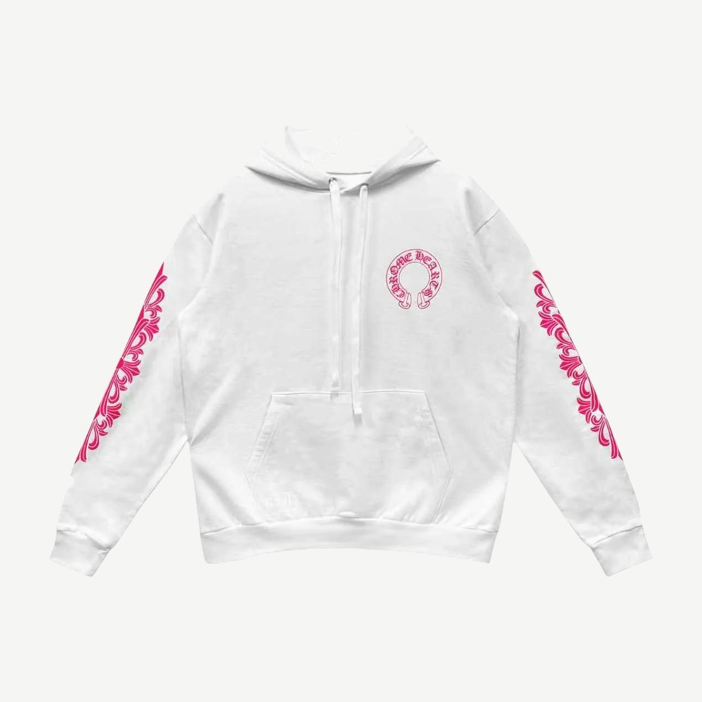 Pink Horseshoe Floral Sleeve Pullover Hoodie White