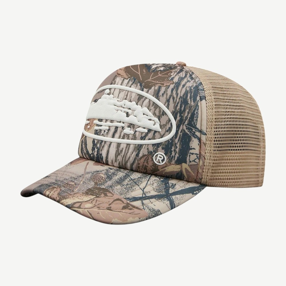 Island Puff Print Trucker Hat Forest Camo