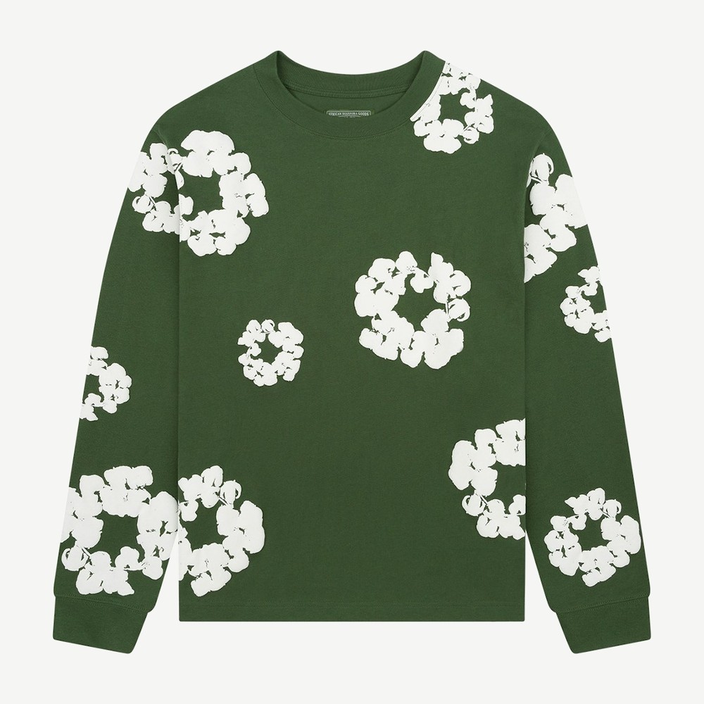 Long Sleeve Cotton Wreath T Shirt Green