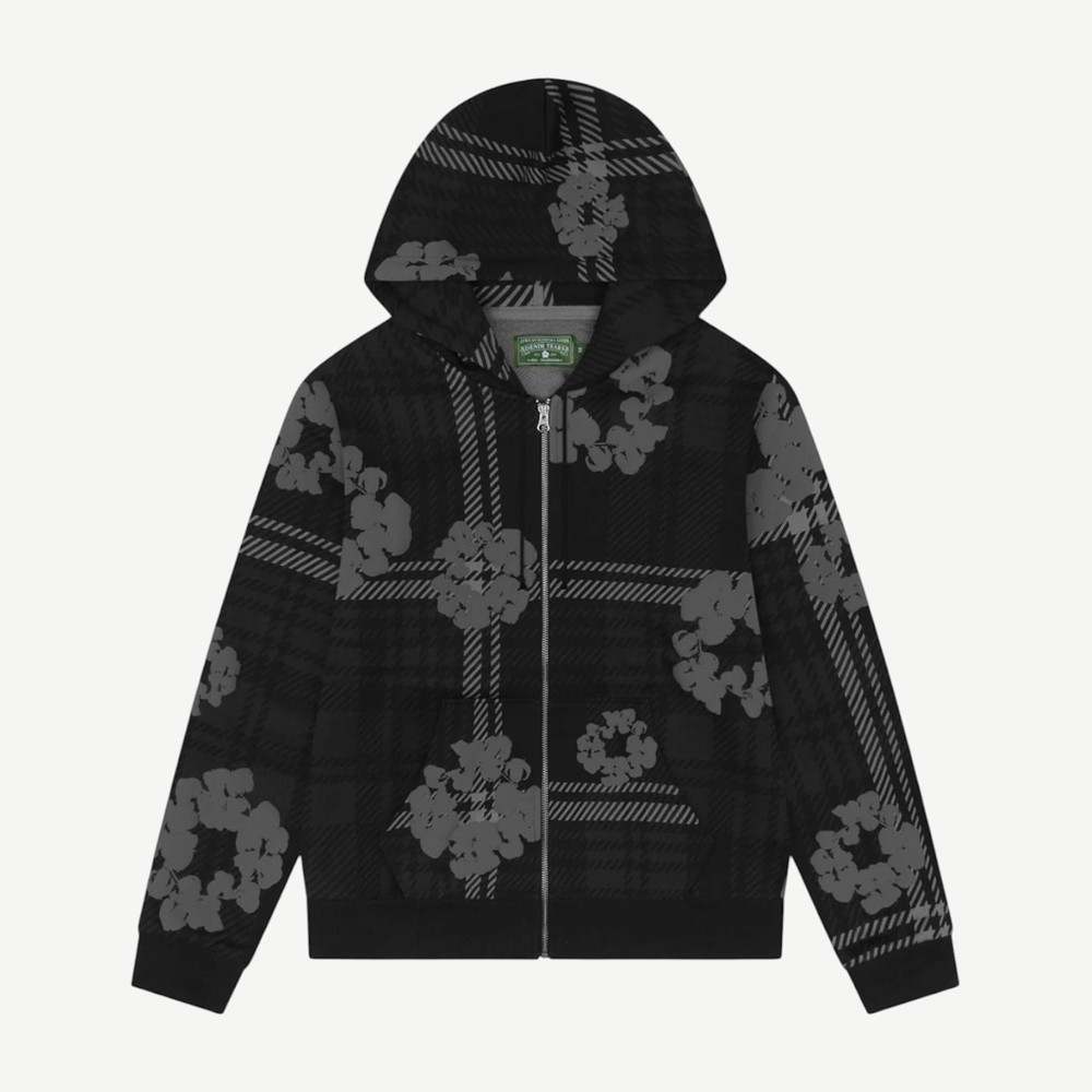 Plaid Cotton Wreath Zip Hoodie Black