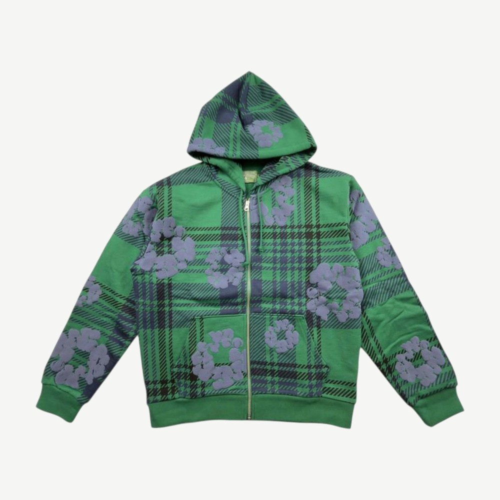Plaid Cotton Wreath Zip Hoodie Green