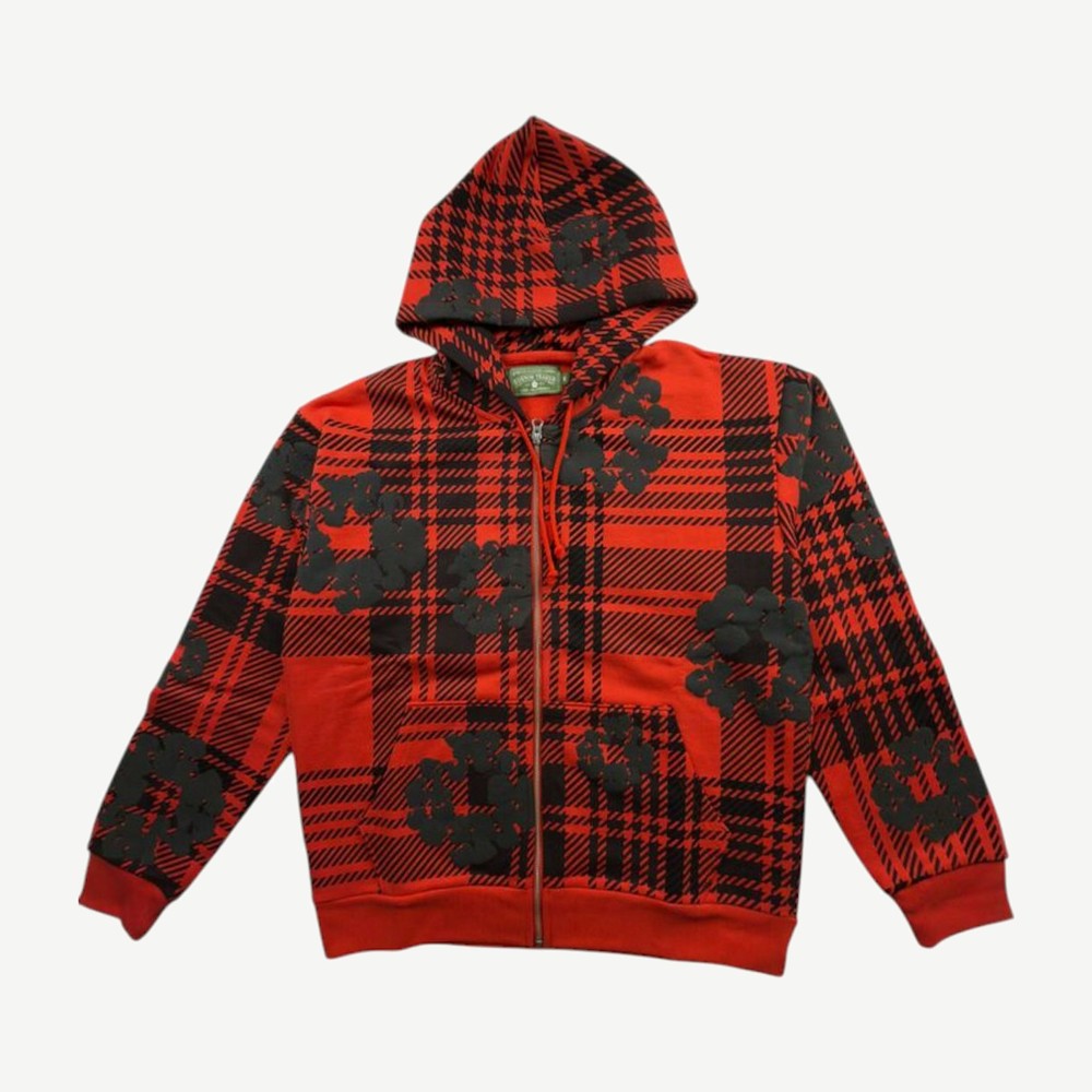 Plaid Cotton Wreath Zip Hoodie Red