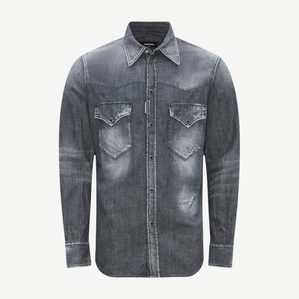 Fashion Western Faded Denim Shirt Grey
