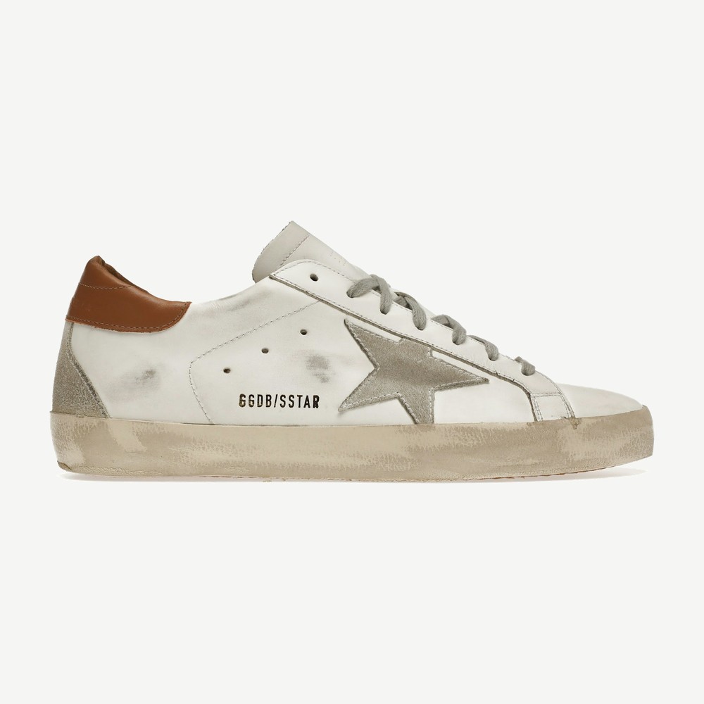 Super Star White Vacchetta Tan Grey Suede Patch