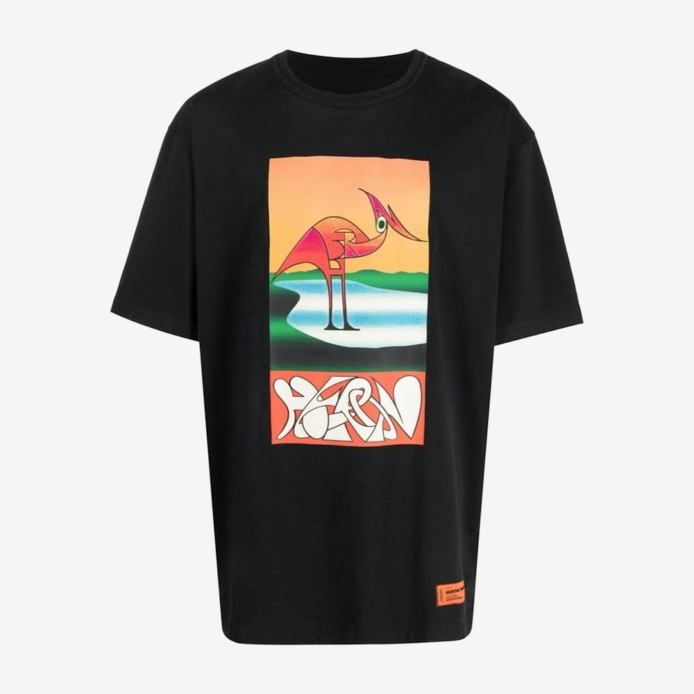 Abstract Heron Print T Shirt Black Orange