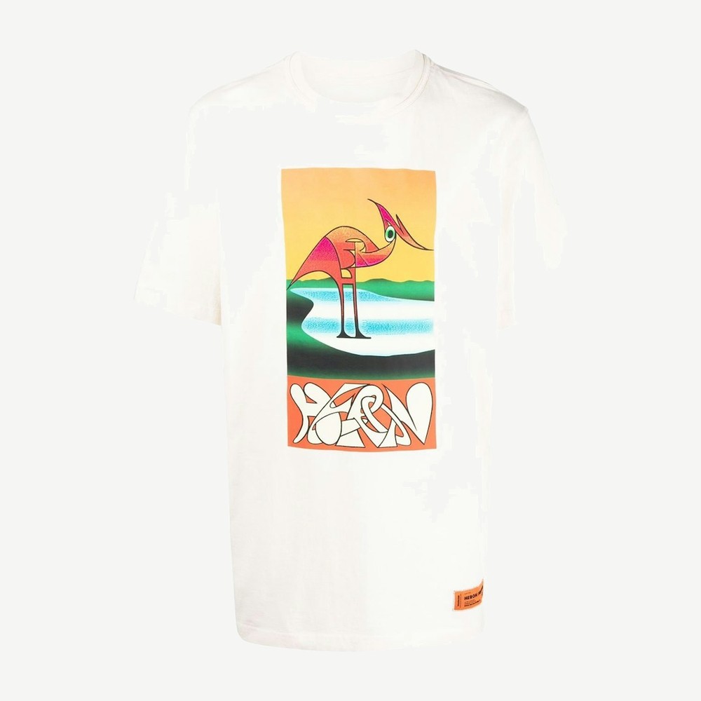 Abstract Heron Print T Shirt White Orange