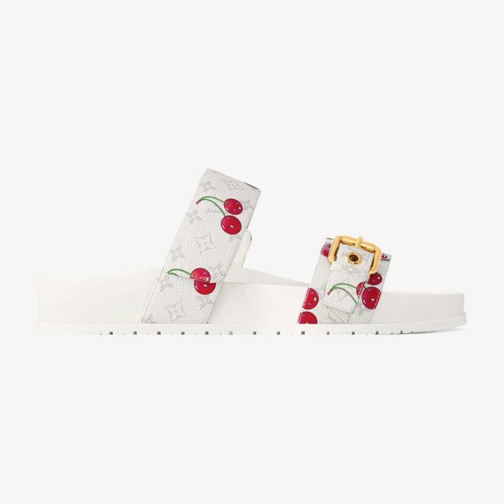 Cherry Bom Dia Flat Comfort Mule X Takashi Murakami White Monogr