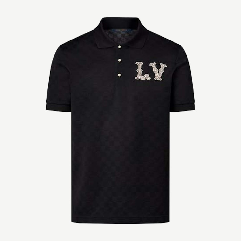Cotton Pique Polo With Embroidered LV Patch Black