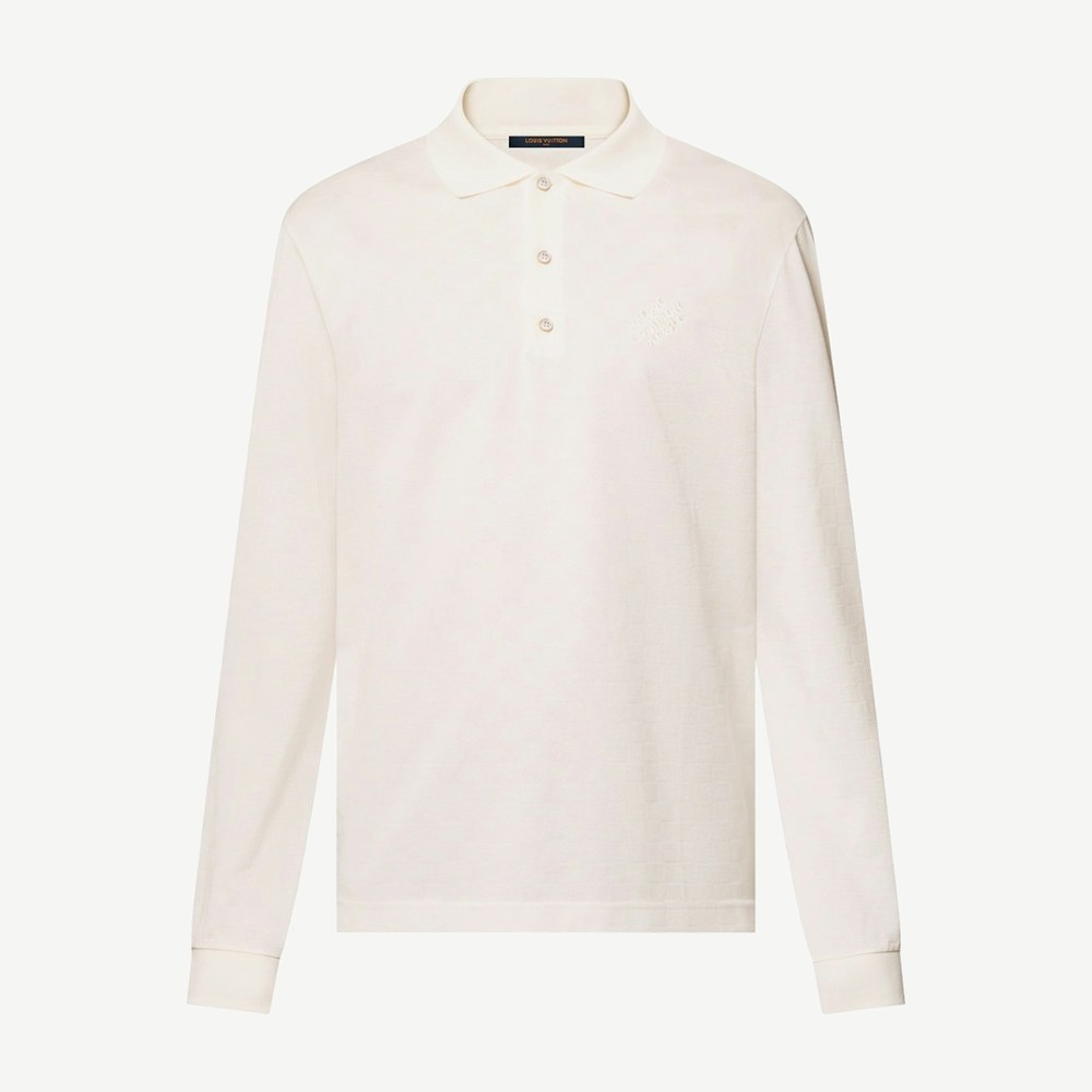 Damier Signature Long Sleeved Polo Shirt Milky White
