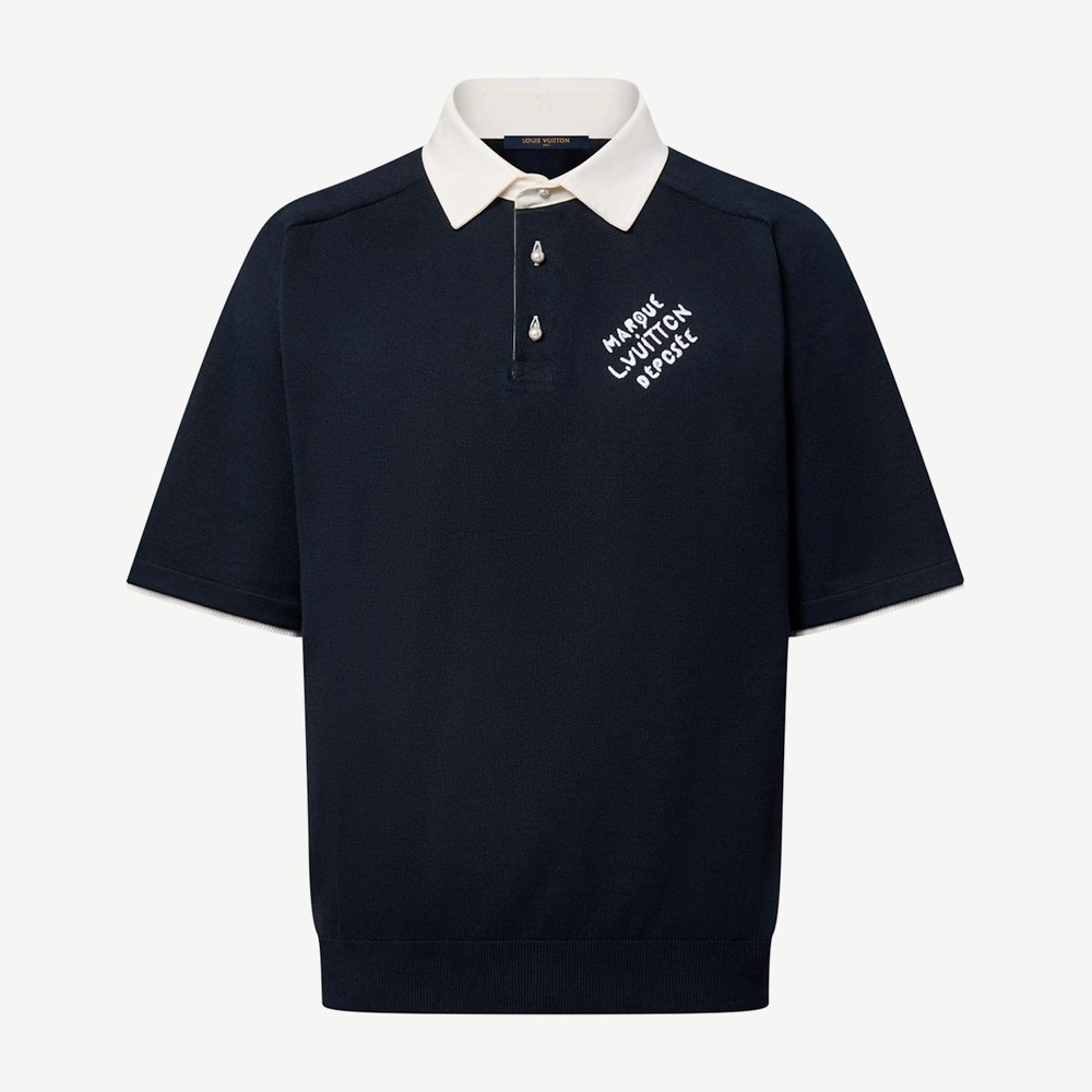 Embroidered Short Sleeved Cotton Blend Polo Shirt Navy Blue