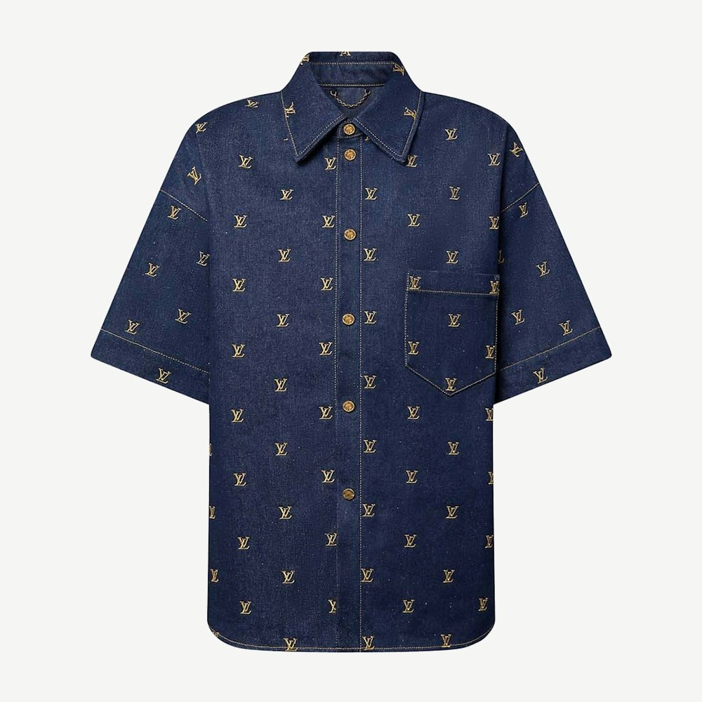 Embroidered Signature Short Sleeved Denim Shirt Indigo