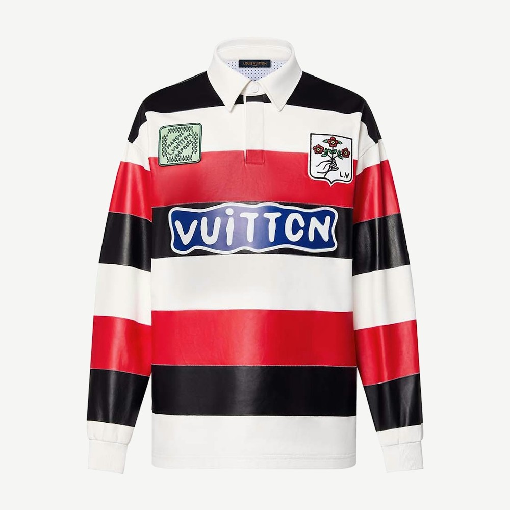 Long Sleeved Leather Intarsia Rugby Polo Bright Red