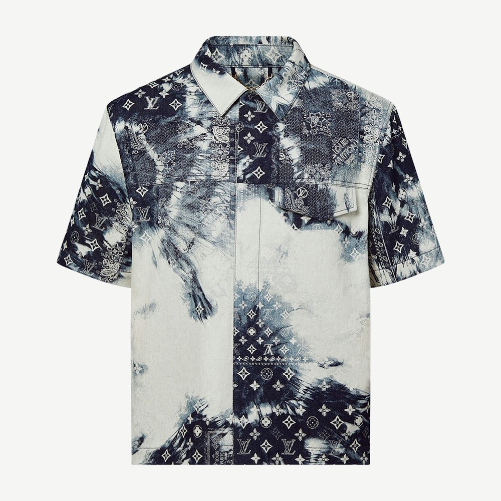 Monogram Bandana Short Sleeved Denim Shirt Indigo White