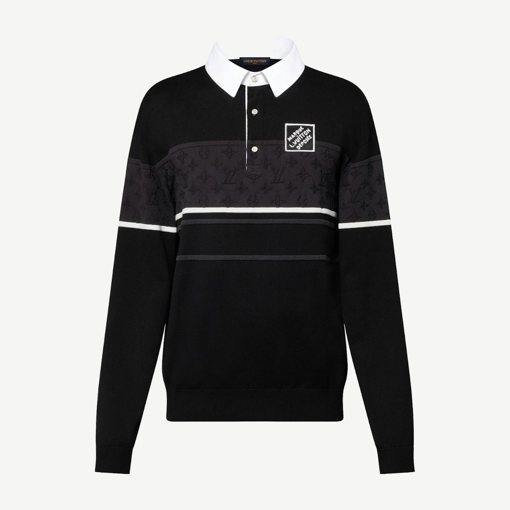 Monogram Jacquard Long Sleeved Polo Shirt Washed Black