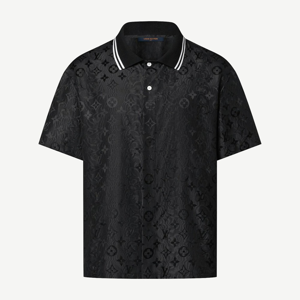 Monogram Moire Jacquard Short Sleeved Silk Shirt Black