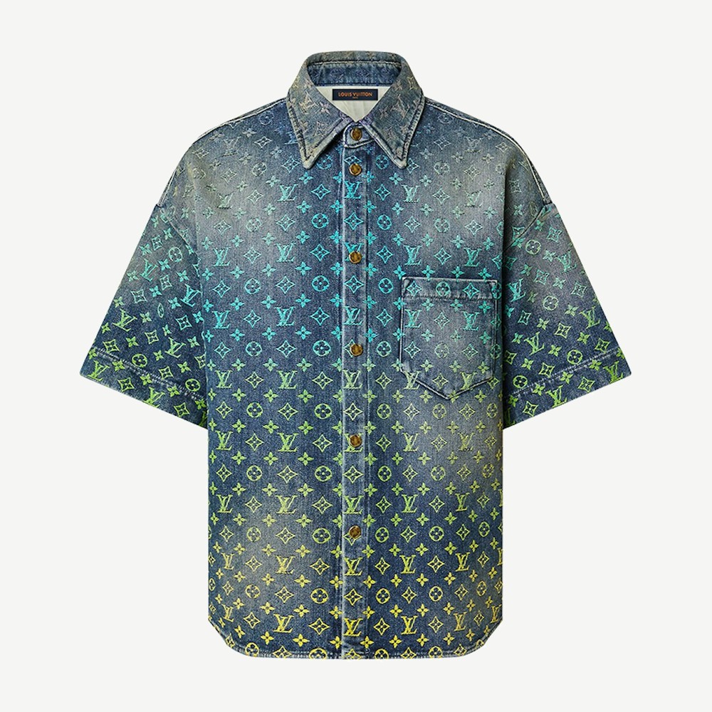 Rainbow Monogram Short Sleeved Denim Shirt Indigo Blue