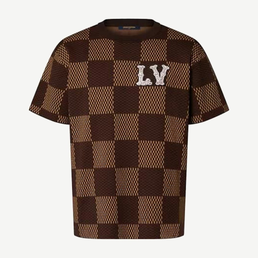 Short Sleeved Cotton Damier Crewneck With Crystal LV Patch Sienn