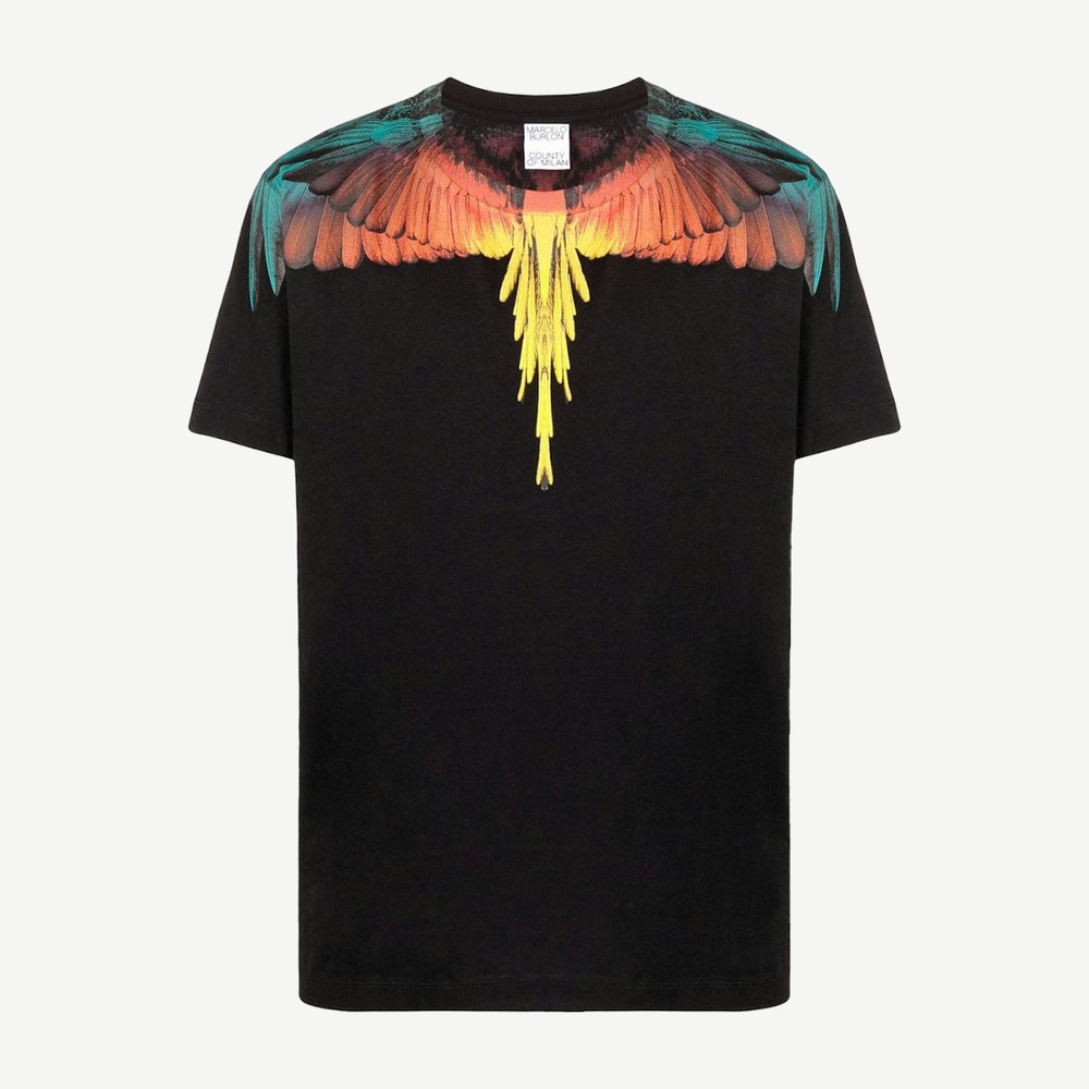 Wings Print T Shirt Black Blue Orange