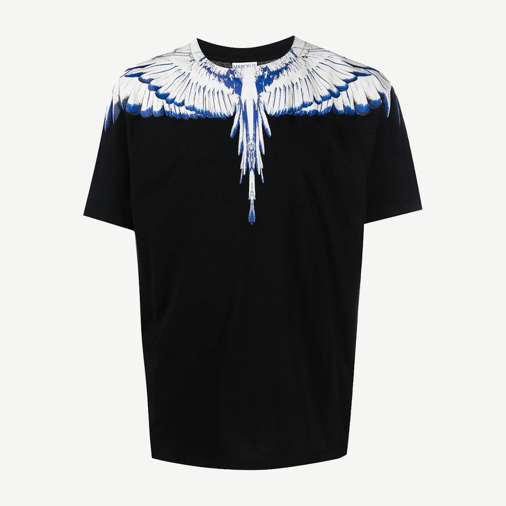Wings Print T Shirt Black White Blue