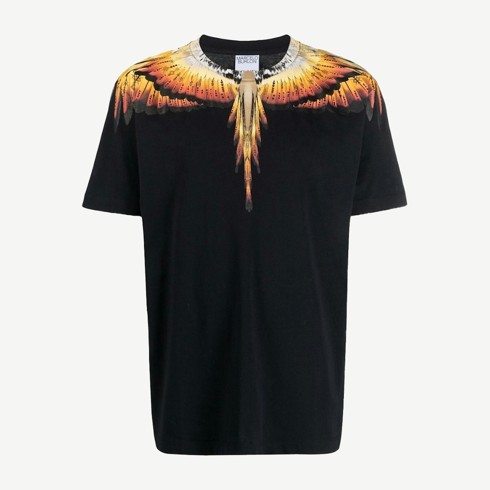 Wings Print T Shirt Black Yellow Orange
