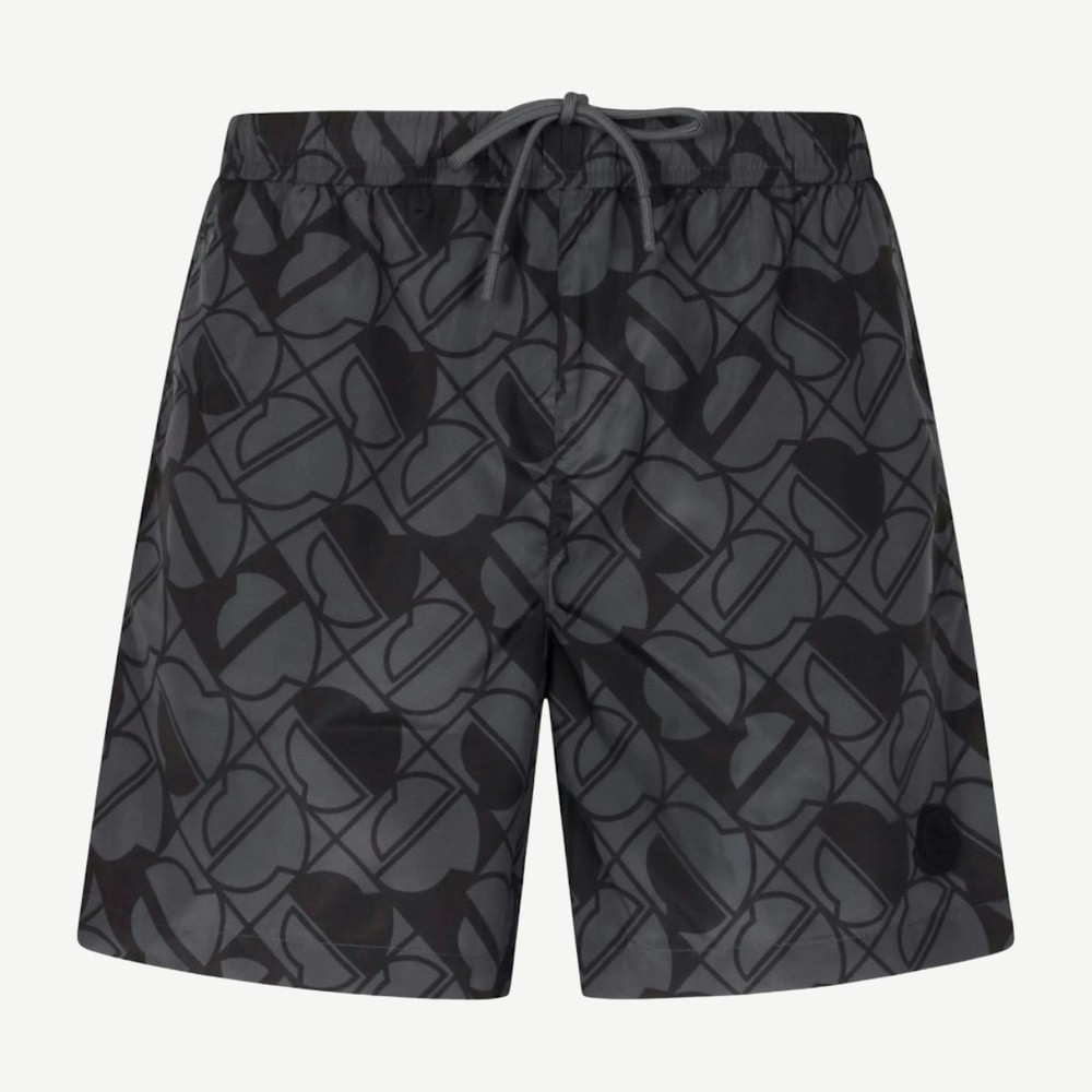 Logo Patch Monogram Print Swim Shorts Black Grey