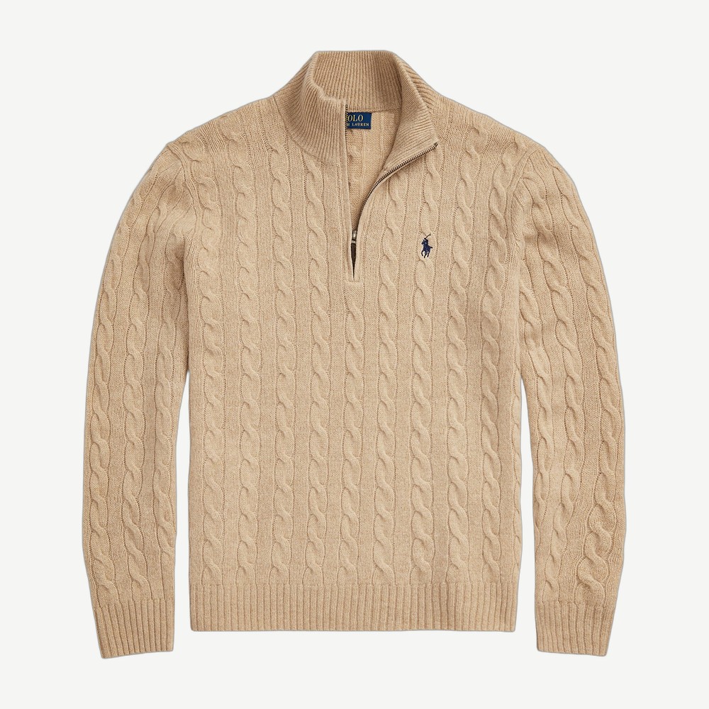 Cable Knit Quarter Zip Sweater Camel