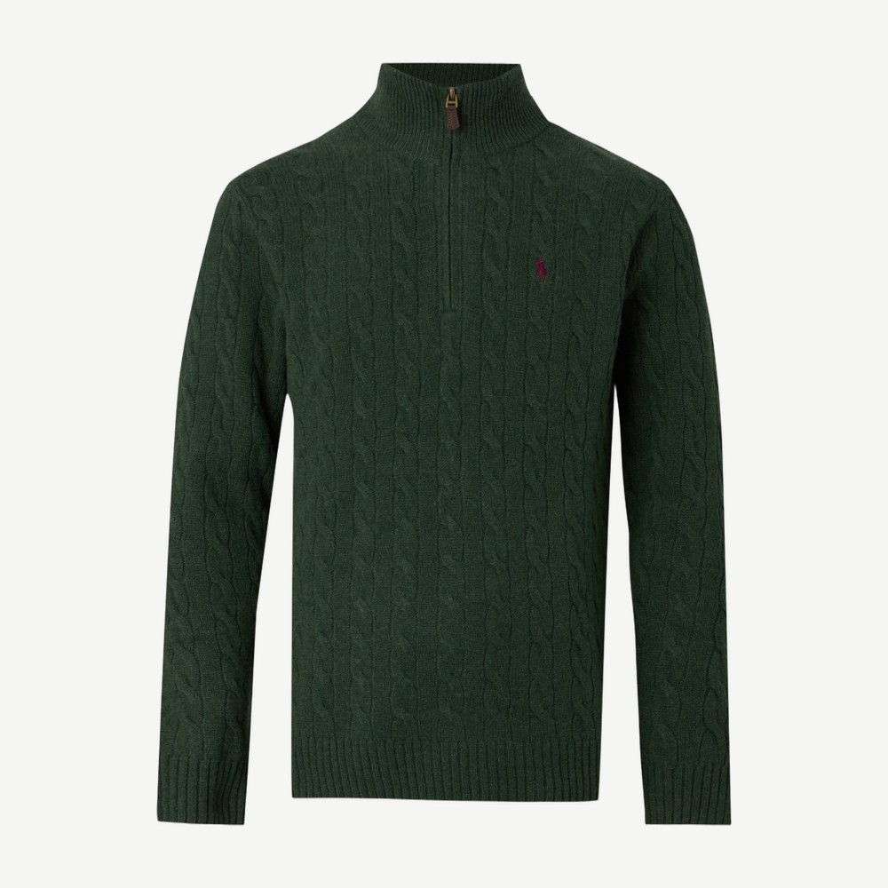 Cable Knit Quarter Zip Sweater Green