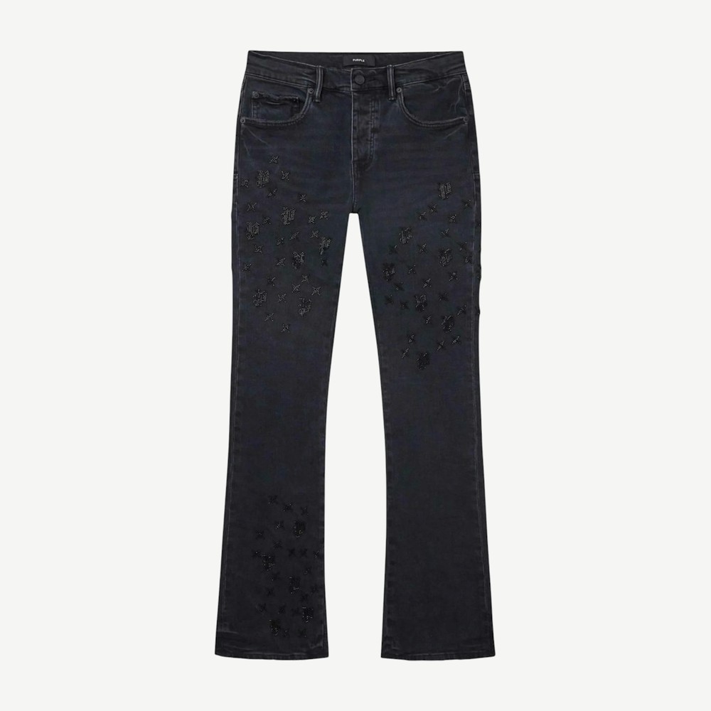 P004 Bemf126 Beaded Monogram Flare Jeans Black