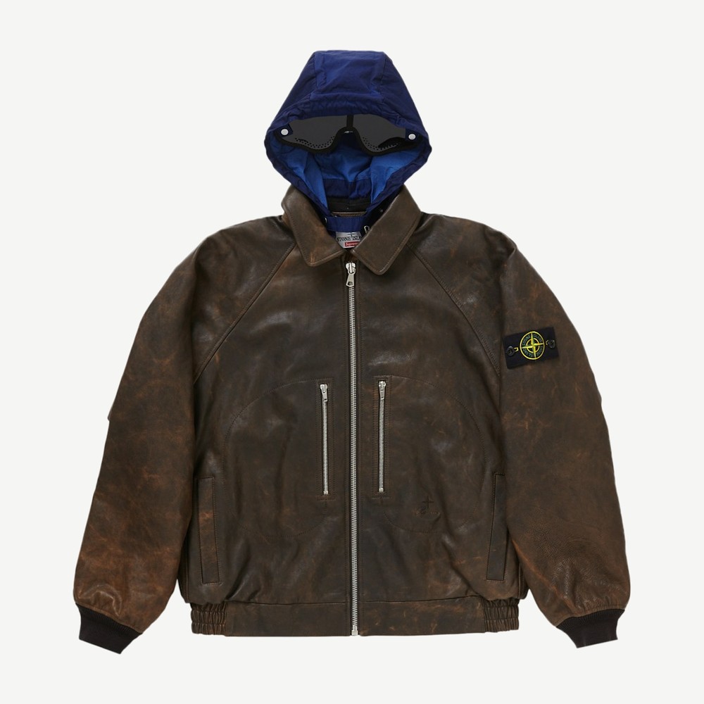 Stone Island Leather Bomber Jacket Brown