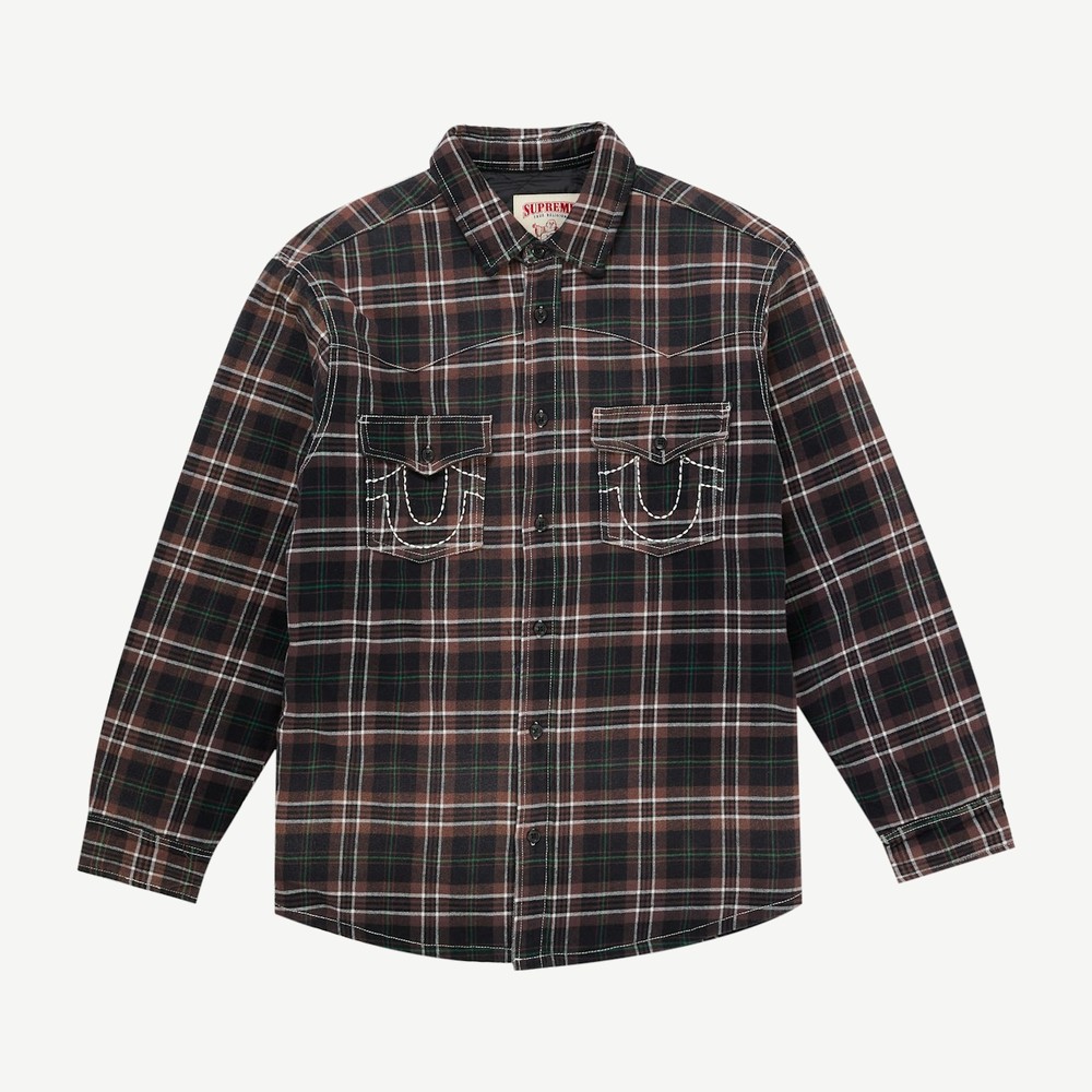 True Religion Quilted Lined Plaid Flannel Shirt Brown