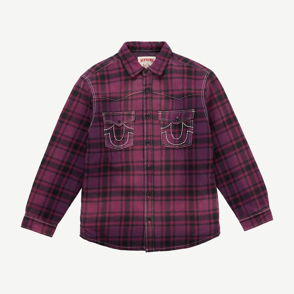 True Religion Quilted Lined Plaid Flannel Shirt Purple